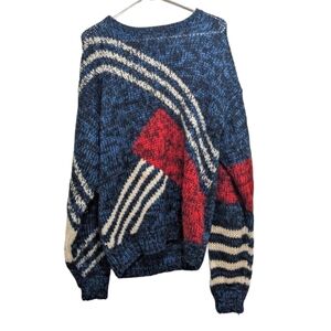 Women's Blue Crewneck Sweater with Red & Cream Graphic Knit